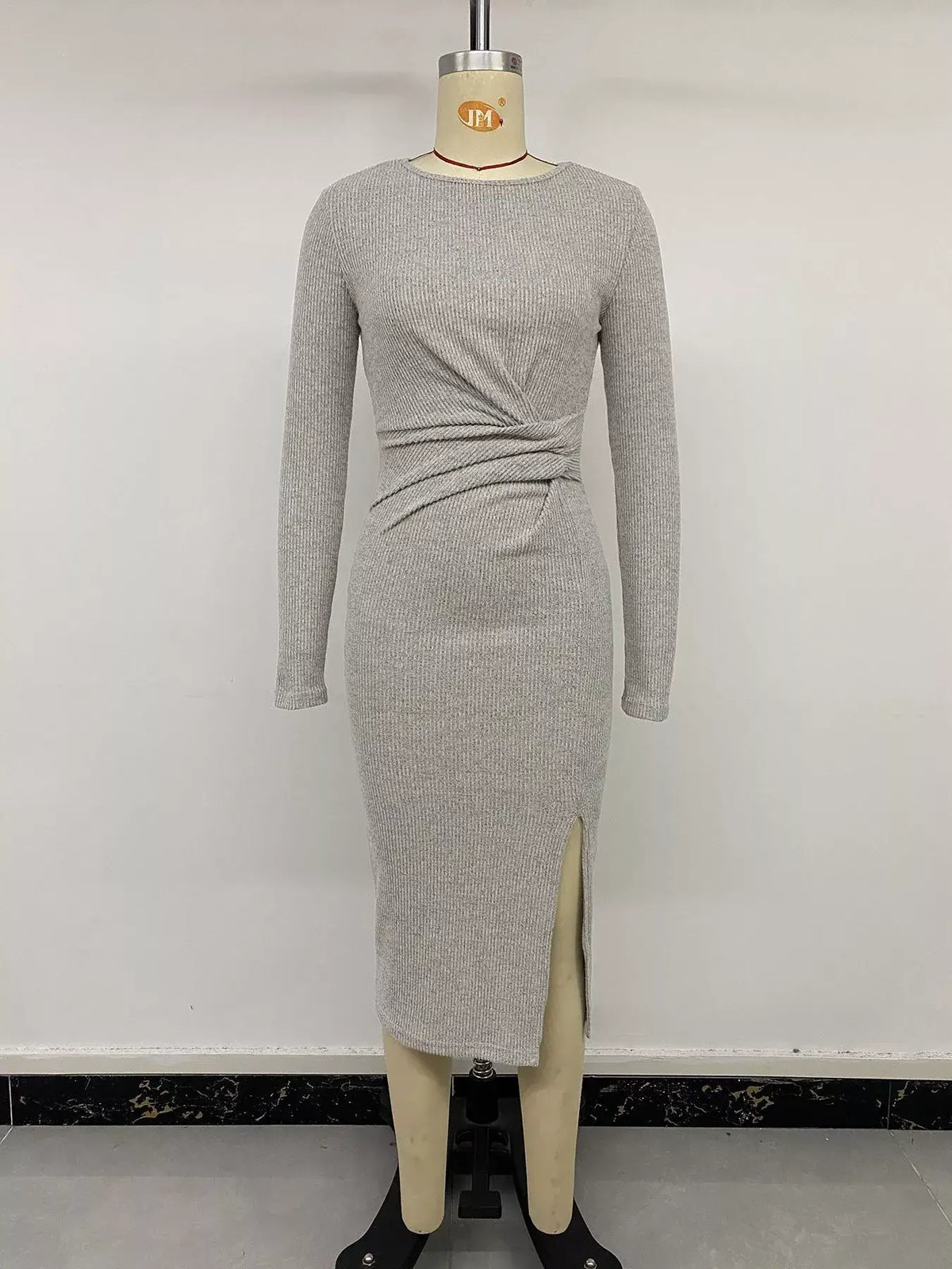 Ribbed Knit Twist Front Long Sleeve Midi Dress with Slit, alternate product view