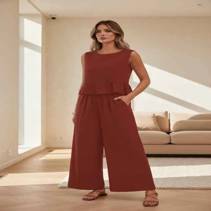 2026 Feminine Two-Piece Ruffle Set-Two-Piece Set-Splashis-Color:Burgundy-Size:XL-Splashis