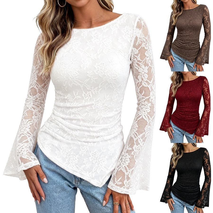 Women's Lace Long Sleeve Top – Asymmetric Pleats, 5 Colours product image
