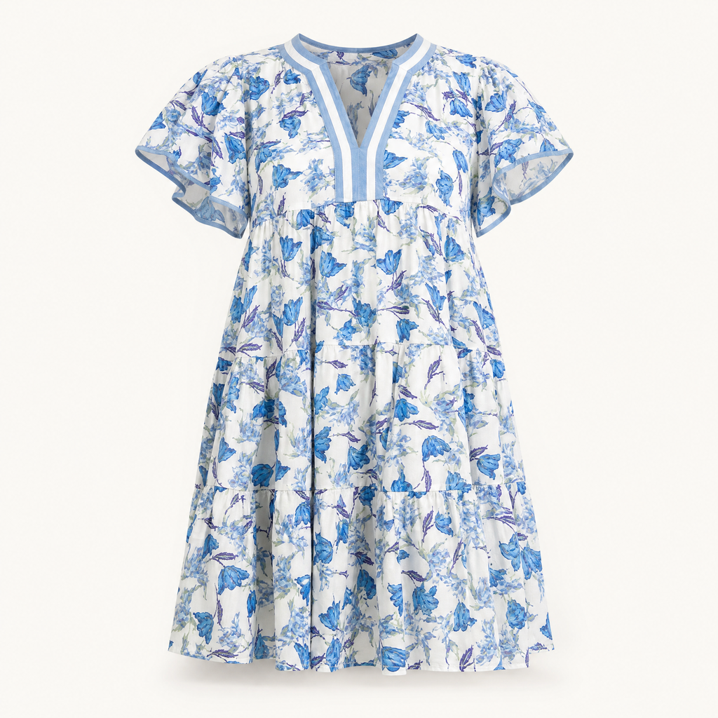 Floral Flutter Sleeve Tiered Dress shown in a clear product image