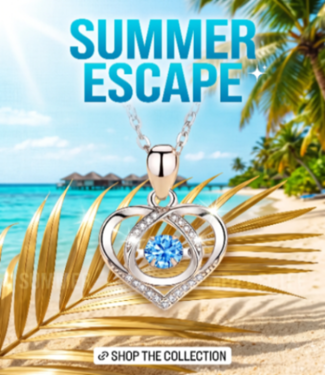 A heart-shaped silver pendant necklace with a central blue gemstone and small clear stones, displayed over a tropical beach background with palm leaves and the text 'SUMMER ESCAPE' and 'SHOP THE COLLECTION'.