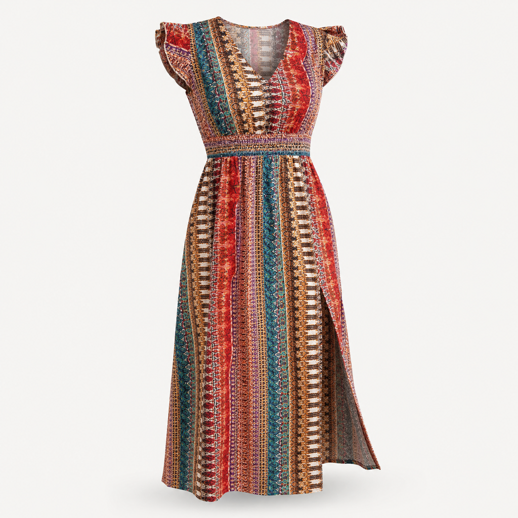 Boho Print Ruffle Sleeve Slit Dress, front product view