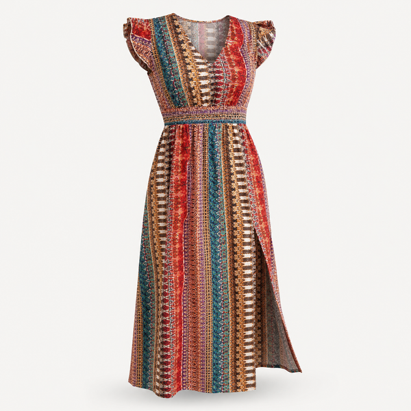 Boho Print Ruffle Sleeve Slit Dress, front product view