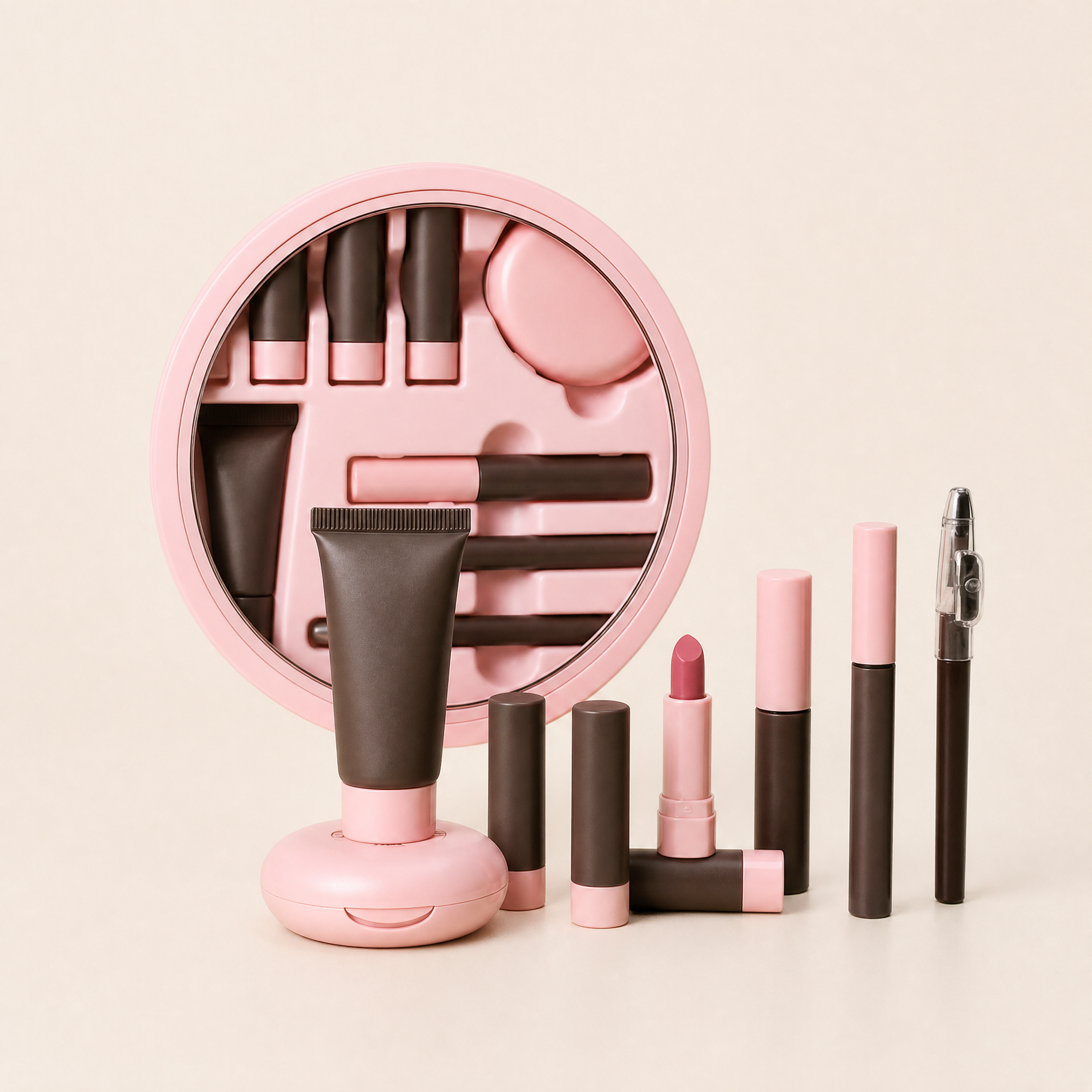 Pink Vinyl Record Makeup Set - Lipstick & Powder Compact, shown in a clear product image