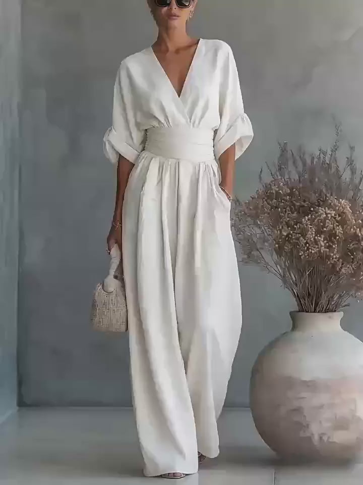 Short-Sleeve V-Neck Wide-Leg Jumpsuit