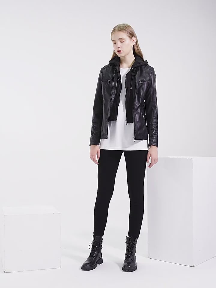Women's Faux Leather Hooded Jacket – Removable Hood, 8 Colours