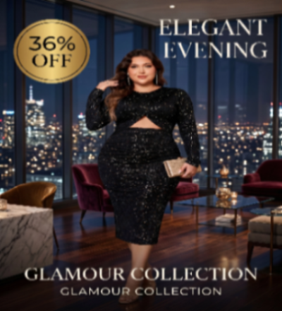 Woman in a black evening gown with a cityscape background, promotional text for 'Elegant Evening' and 'Glamour Collection'.