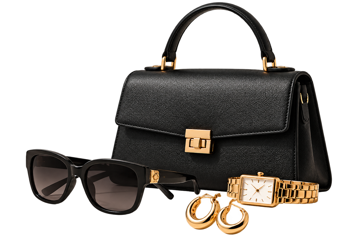 Black handbag, sunglasses and gold-tone accessories