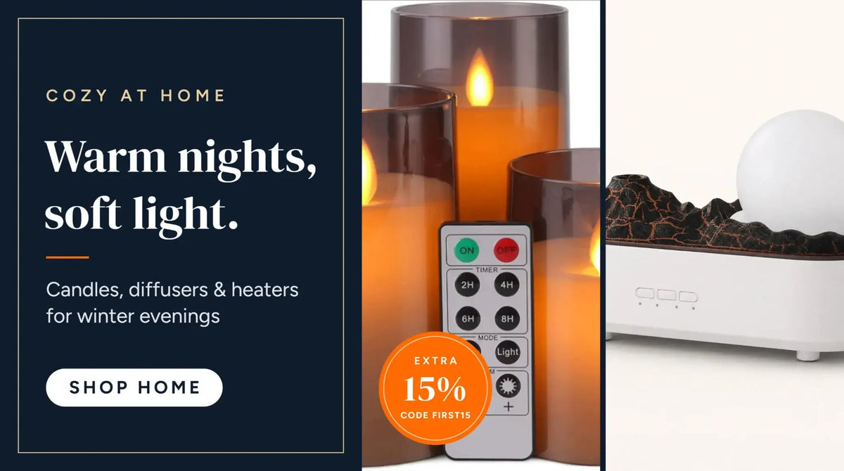 Cozy at home - candles, diffusers and heaters, extra 15% off with code FIRST15